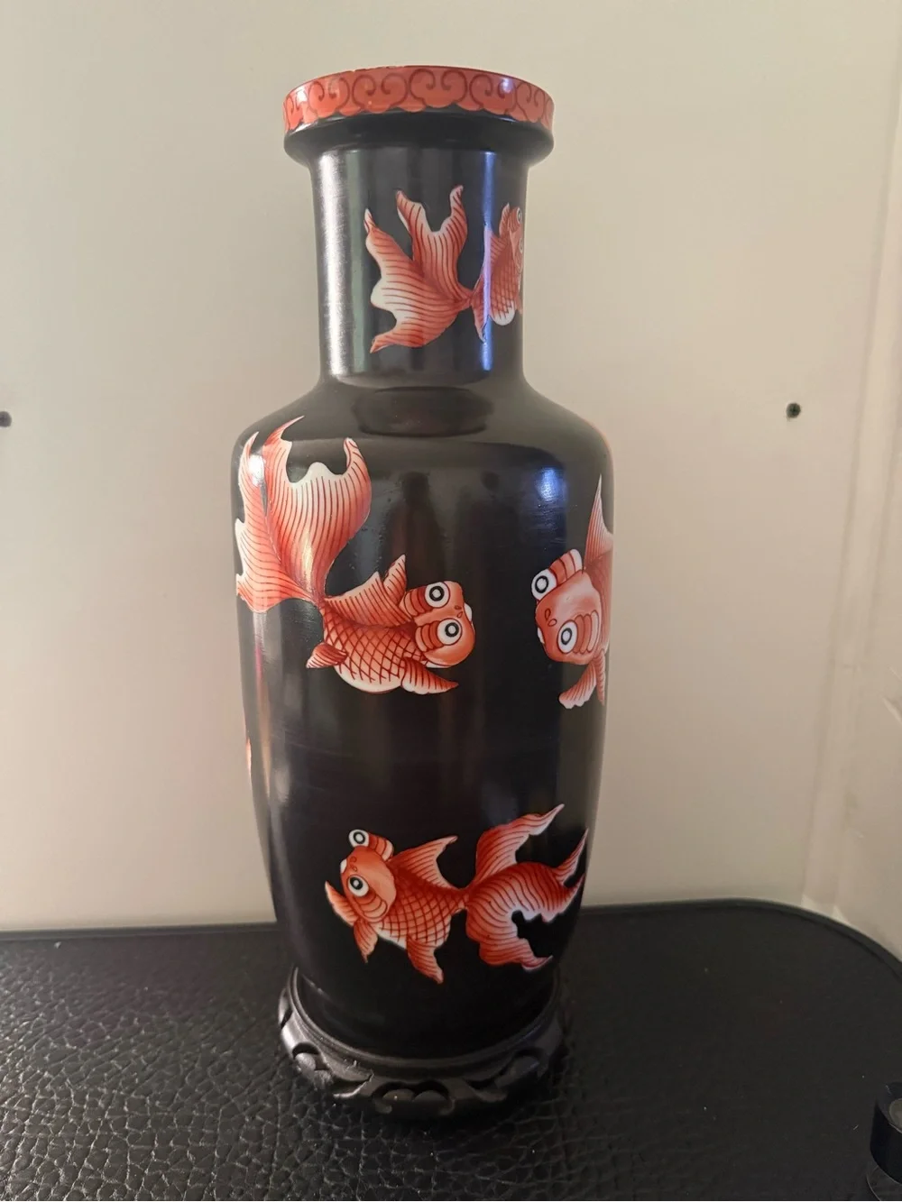 Black Ceramic Vase with Orange Goldfish Motif